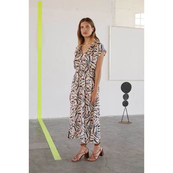 Sita Murt Multicolor Patterned Short Sleeve V-Neck Midi Dress Size 38 - Picture 2 of 8